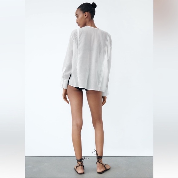 ZARA White Asymmetric Hem Blouse Button Front Cotton Pleated Front Size XS - Picture 3 of 10